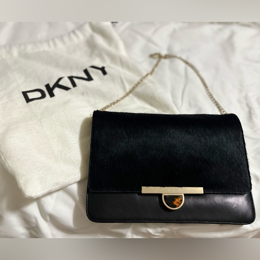 DKNY Black Clutch with Gold Clasp and Chain